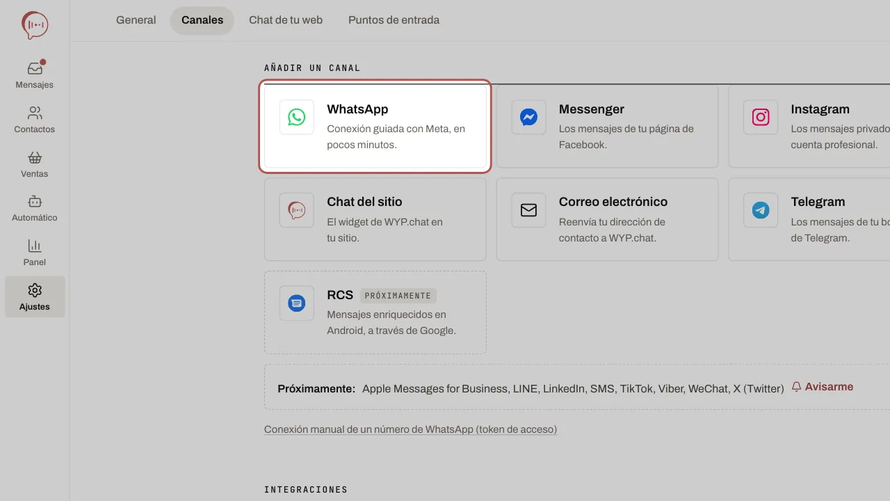La tarjeta WhatsApp, al principio de los canales que añadir