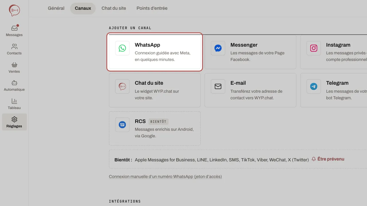 La carte WhatsApp, en tête des canaux à ajouter