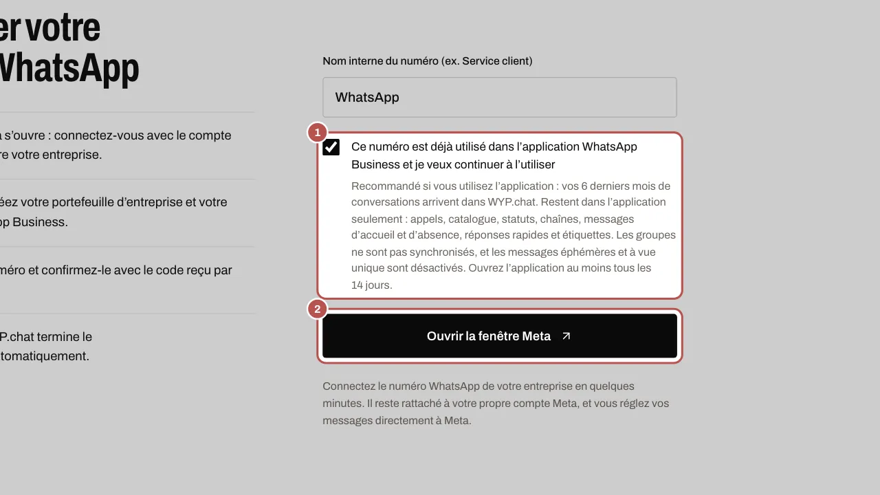 La case de coexistence cochée et le bouton qui ouvre la fenêtre Meta