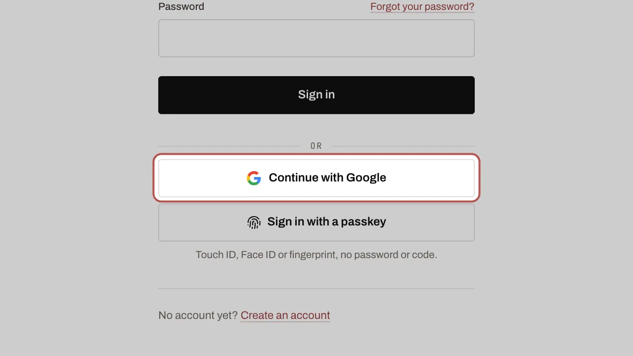 The Continue with Google button on the sign-in page