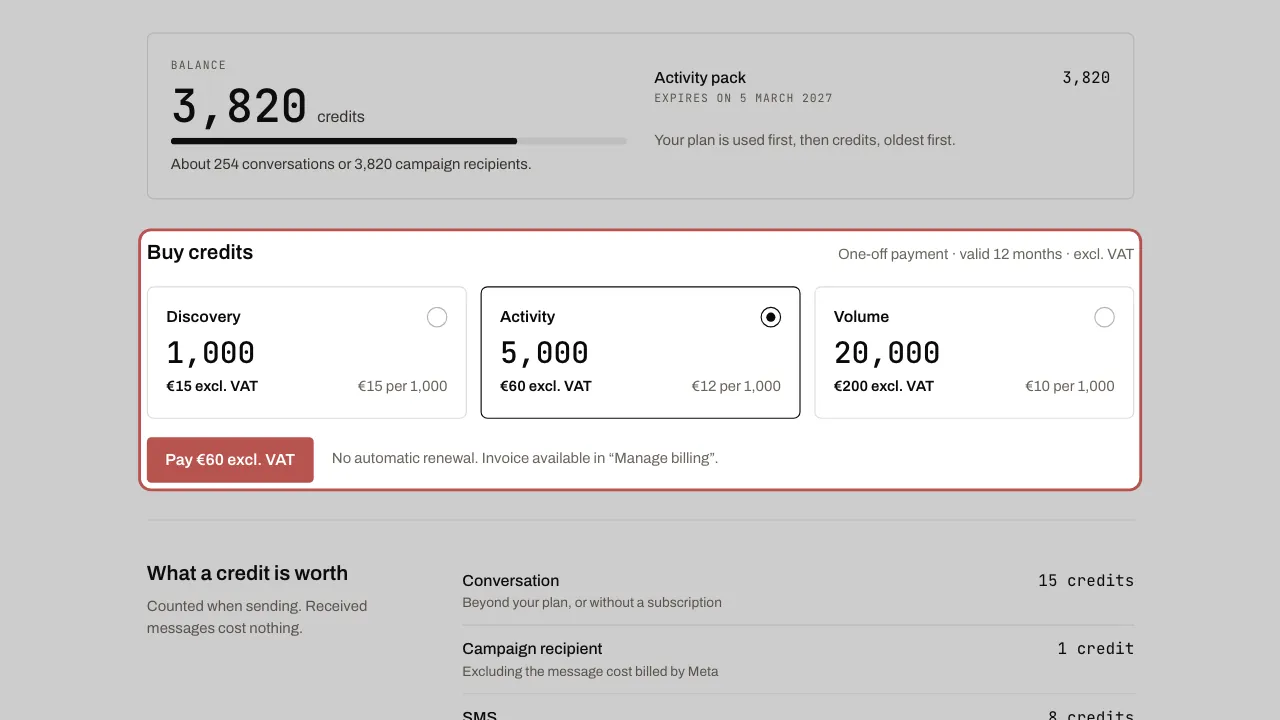The credit balance, the choice of pack and the payment button