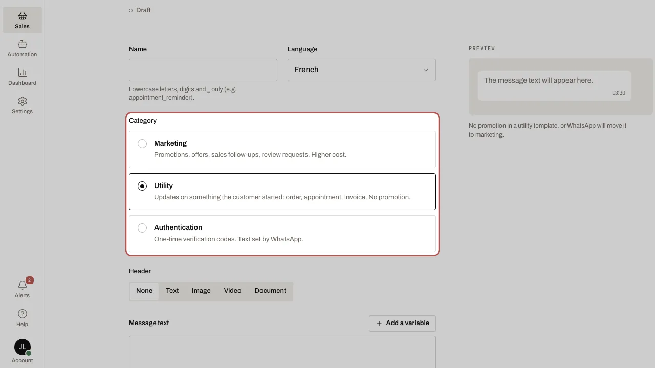 Category, text and template preview