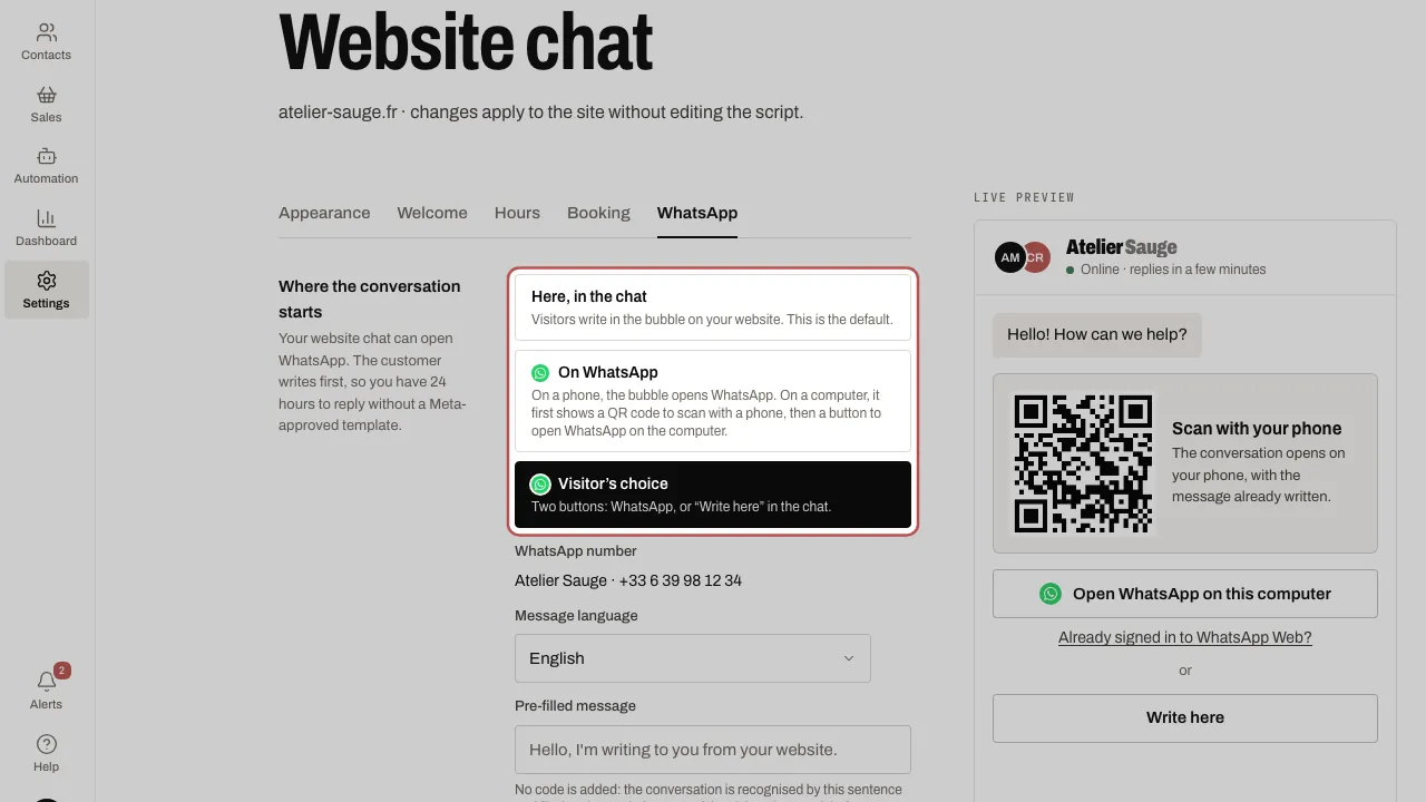 The WhatsApp tab in Settings › Website chat: the three choices and the preview of the WhatsApp panel