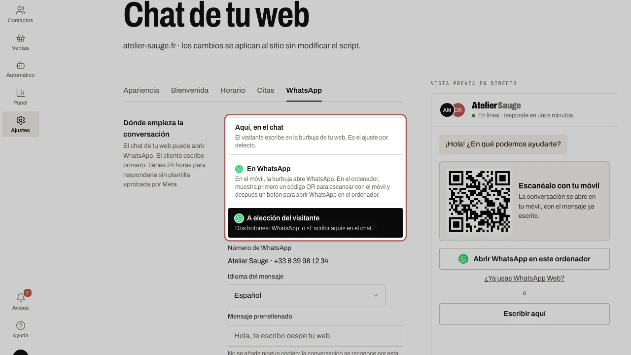 La pestaña WhatsApp de Ajustes › Chat de tu web: las tres opciones y la vista previa del panel de WhatsApp