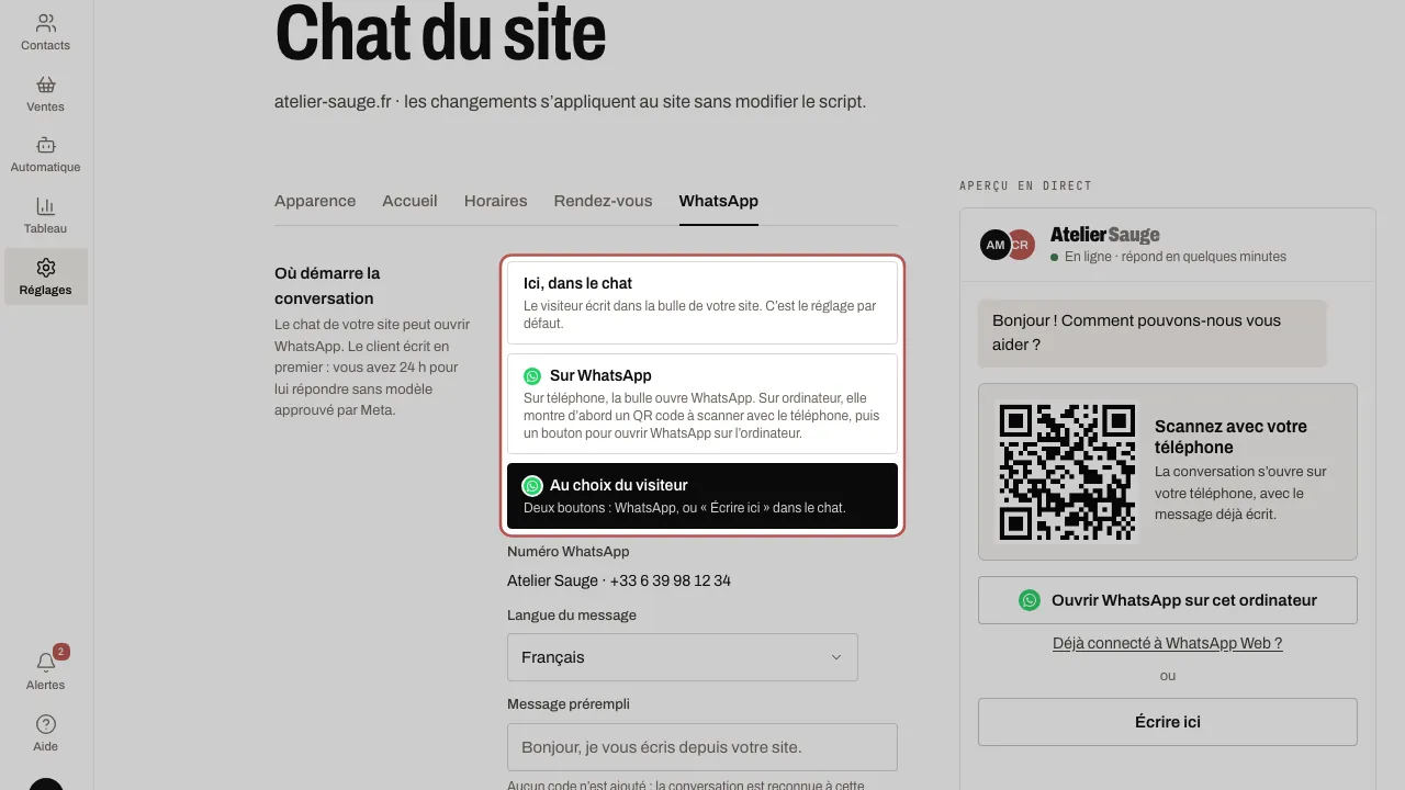L’onglet WhatsApp de Réglages › Chat du site : les trois choix et l’aperçu du panneau WhatsApp