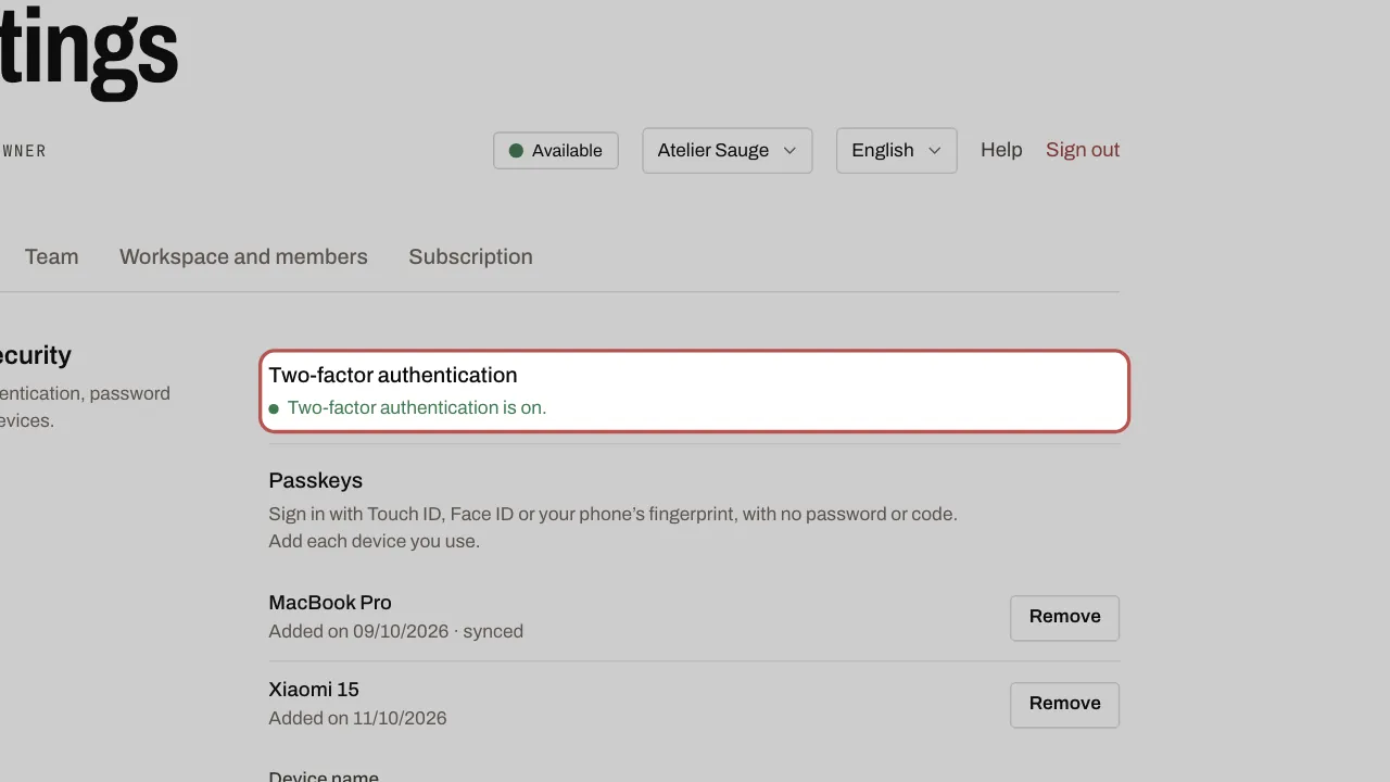 Once it is on, the section shows “Two-factor authentication is on.”
