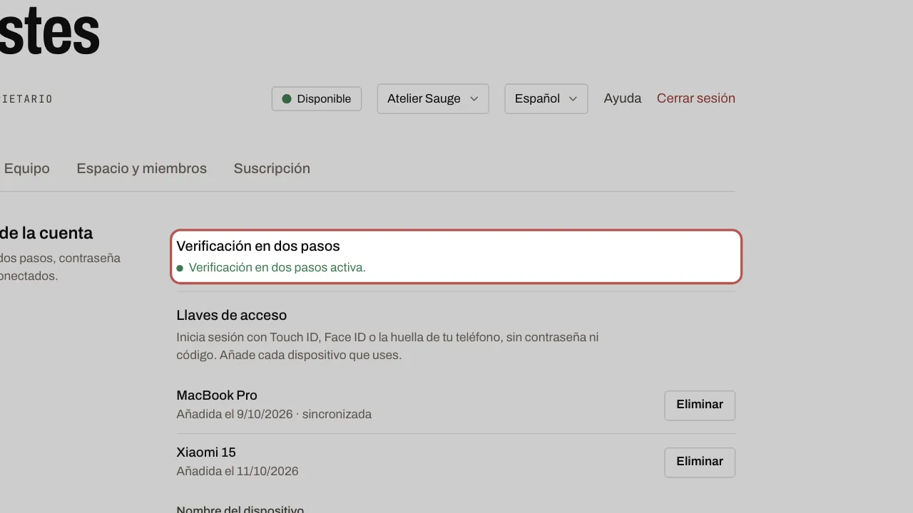 Una vez activada, la sección indica «Verificación en dos pasos activa»