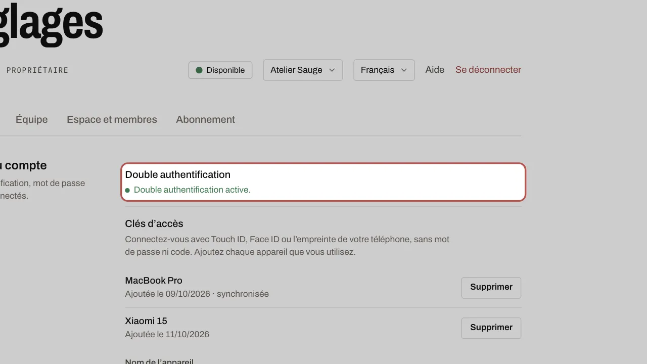 Une fois activée, la section indique « Double authentification active »