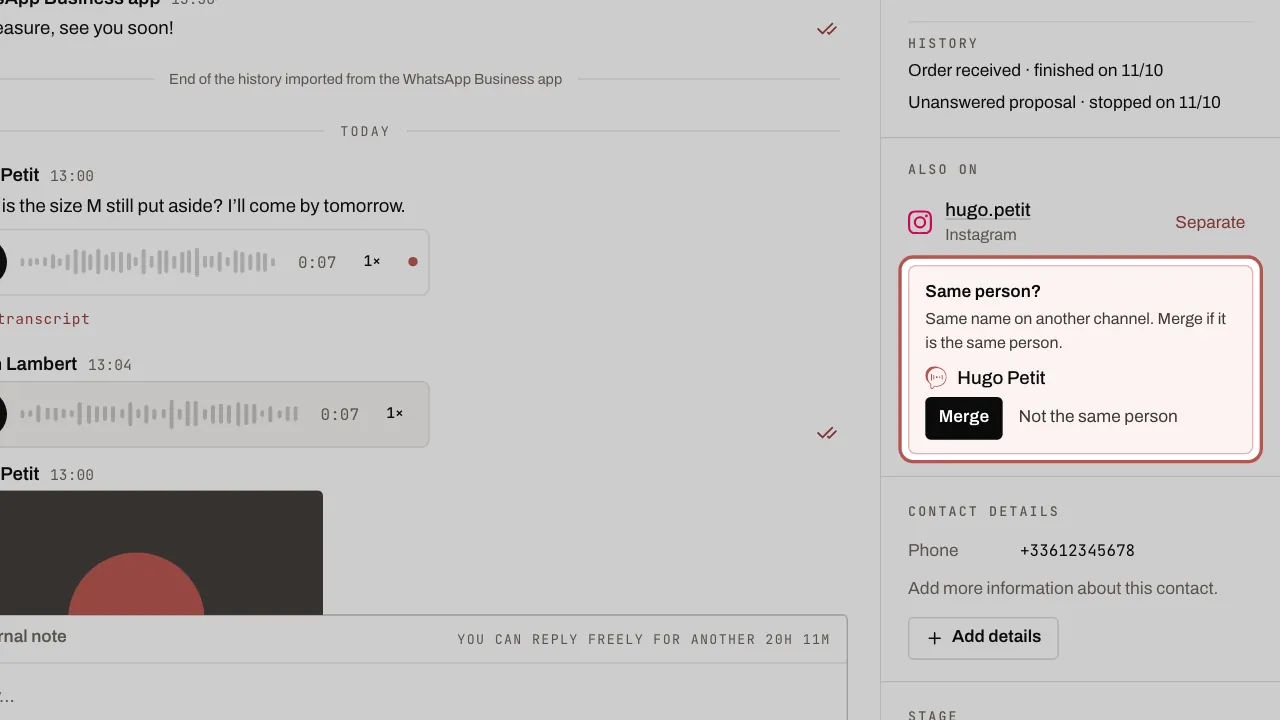The contact record: their other channels and the Same person? suggestion