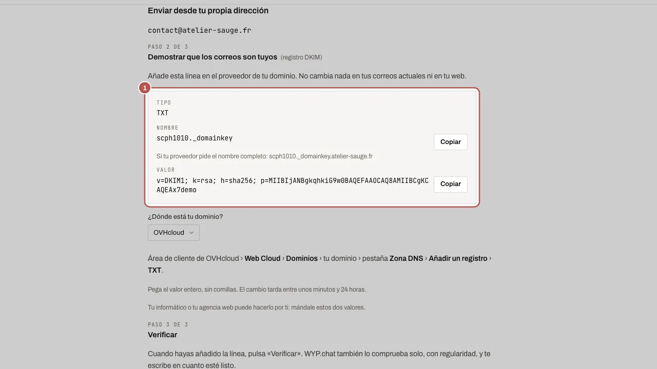 Paso 2 de la configuración «Enviar desde tu propia dirección»: la línea TXT que hay que añadir en el proveedor, con su Nombre y su Valor, y un botón Copiar para cada uno (1)