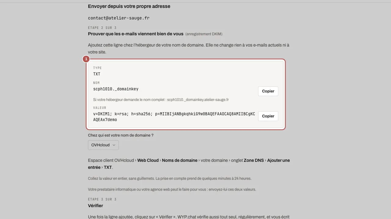 Étape 2 de la configuration « Envoyer depuis votre propre adresse » : la ligne TXT à ajouter chez l’hébergeur, avec son Nom et sa Valeur, et un bouton Copier pour chacun (1)