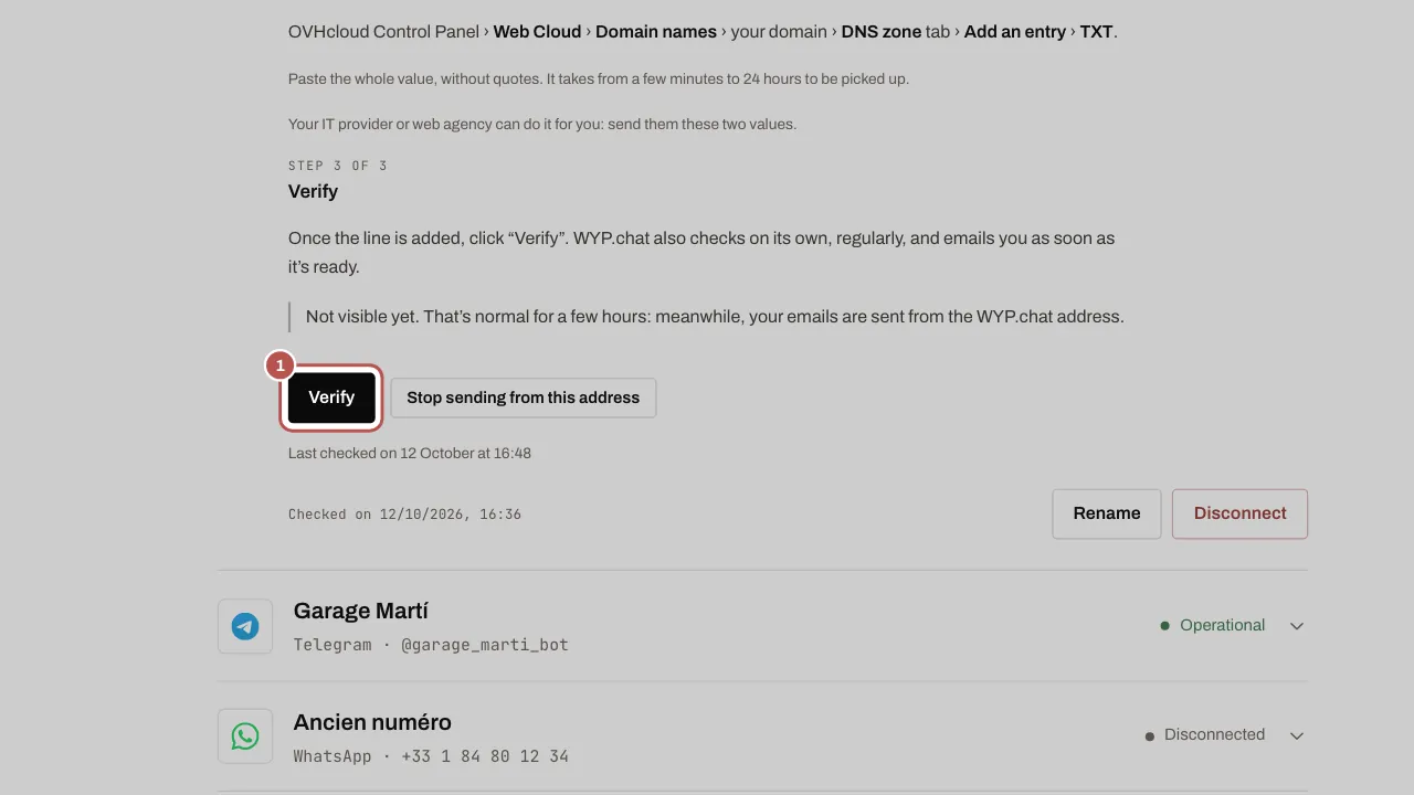 Step 3 of the setup: the Verify button (1), with the “Not visible yet” message until the line is detected