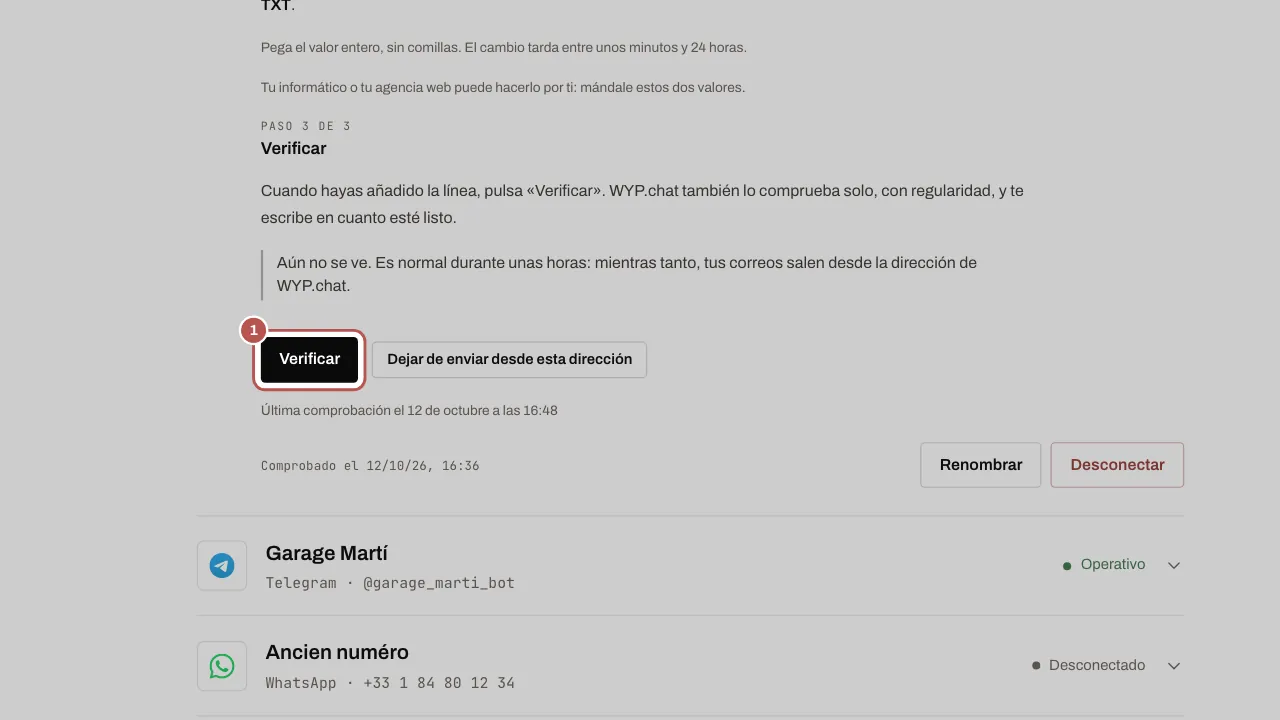 Paso 3 de la configuración: el botón Verificar (1), con el mensaje «Aún no se ve» mientras no se detecta la línea