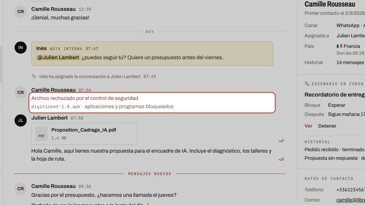 Un archivo rechazado en el hilo: su nombre y el motivo del rechazo