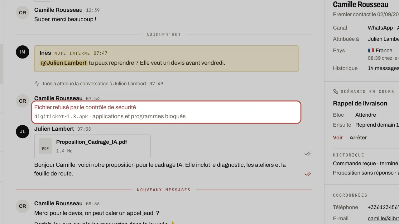 Un fichier refusé dans le fil : son nom et la raison du refus