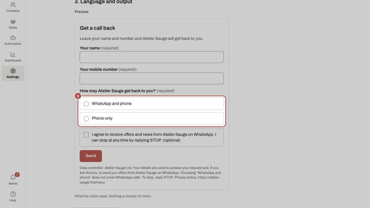 Creating a form: preview with nothing chosen for the visitor