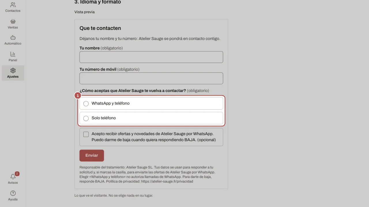 Creación de un formulario: vista previa sin ninguna opción elegida por el visitante