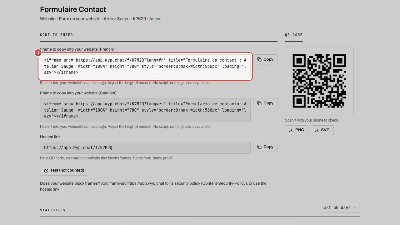 A form’s page: frame to copy, hosted link and a test that is not counted
