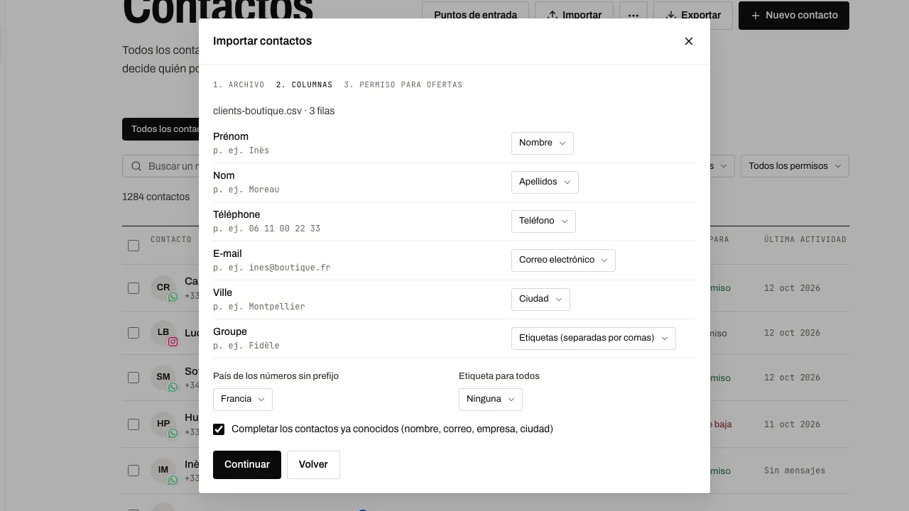 Cada columna del archivo asociada a un campo