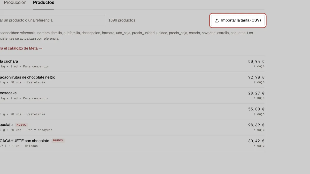 La pestaña Productos: la importación de la tarifa y la lista de productos