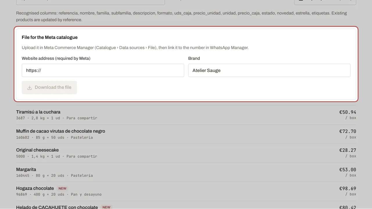 The file for the Meta catalogue, with the website address and the brand