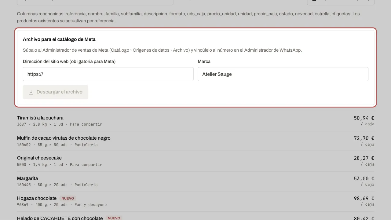 El archivo para el catálogo de Meta, con la dirección del sitio web y la marca