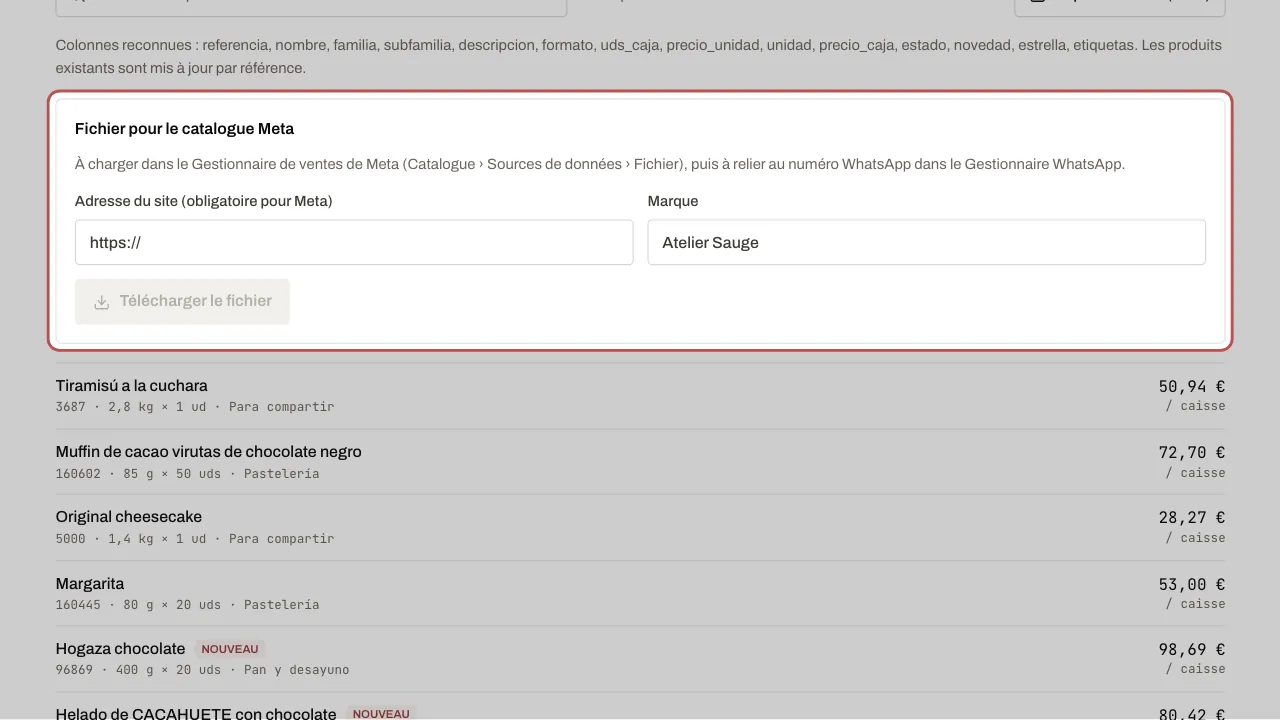 Le fichier pour le catalogue Meta, avec l’adresse du site et la marque