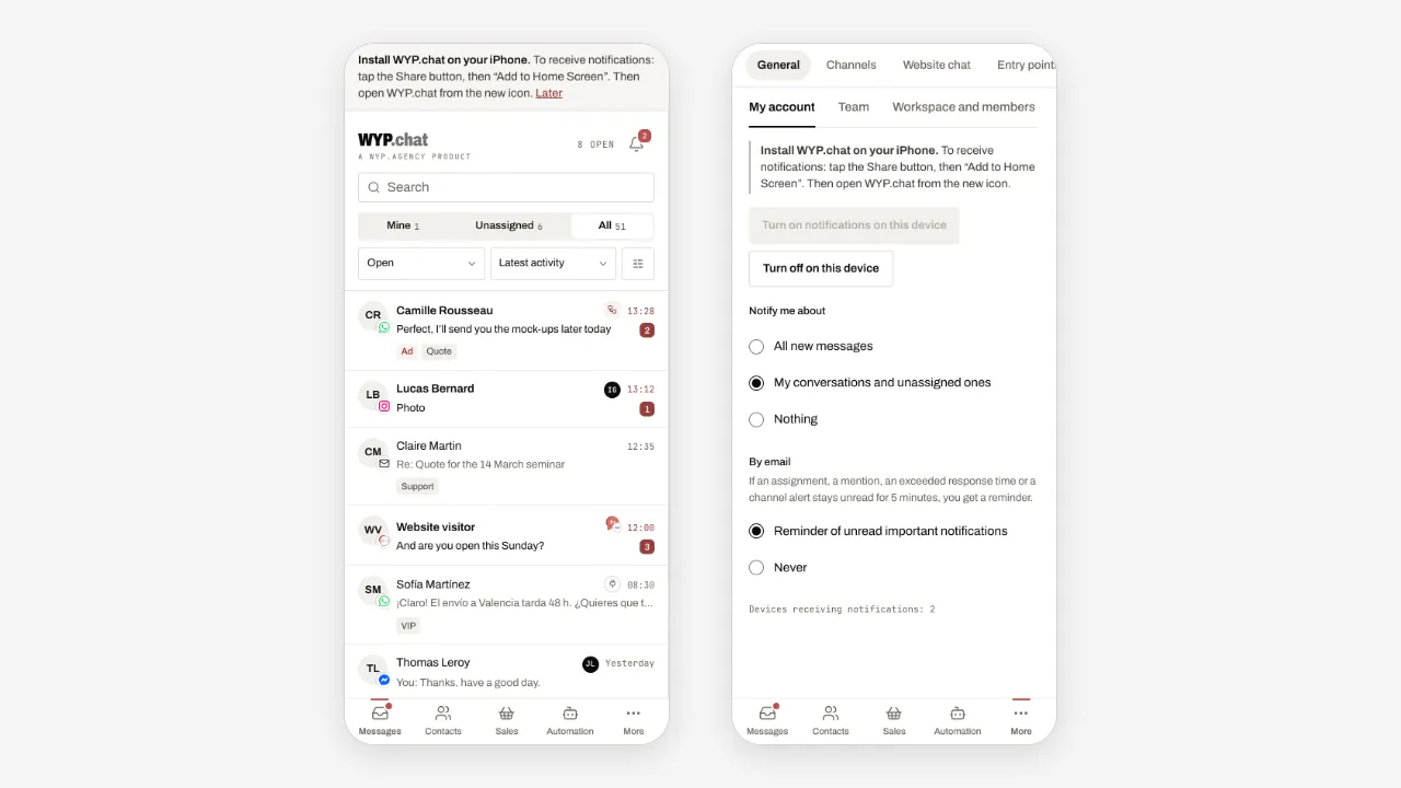 On iPhone, the “Install WYP.chat on your iPhone” banner in the inbox, then the Notifications section of the settings