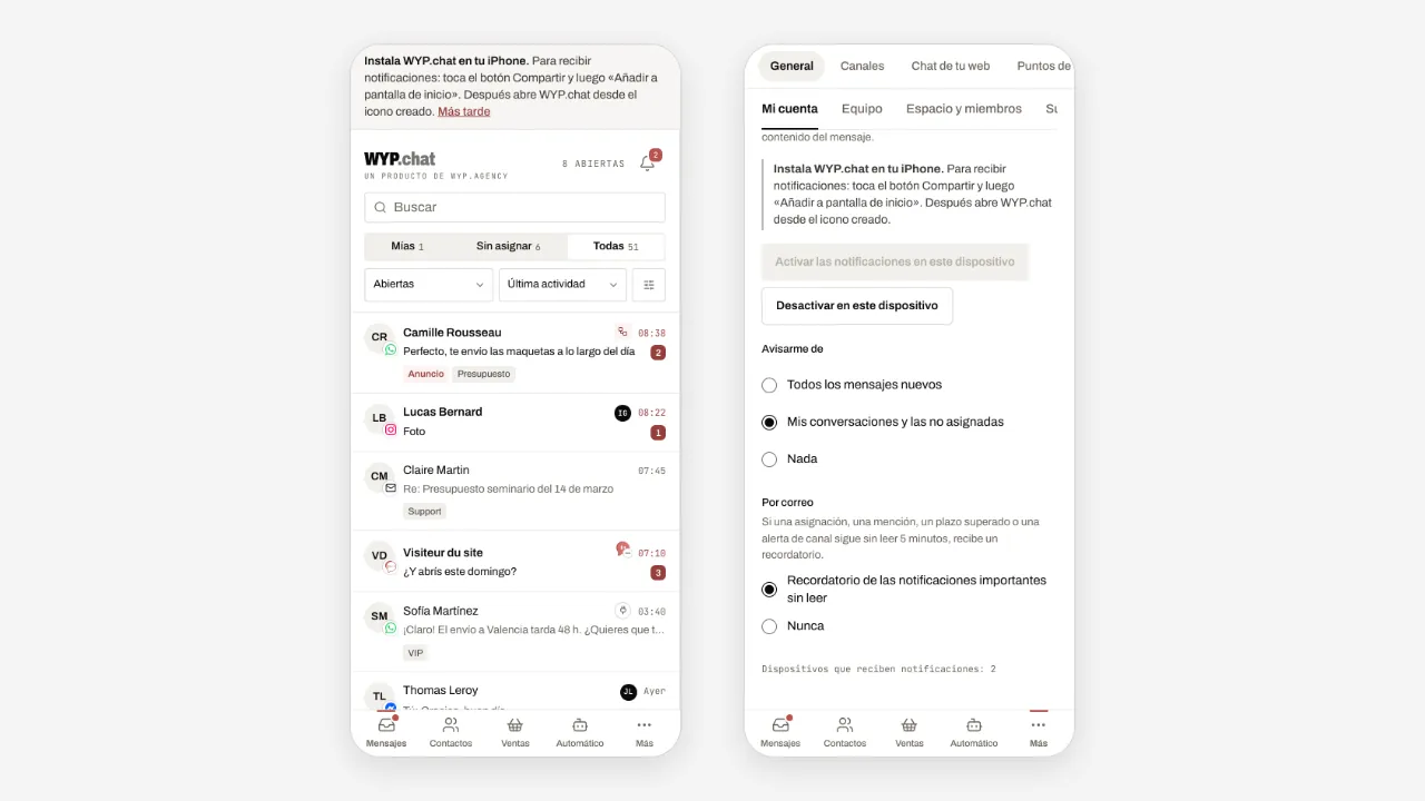 En iPhone, el aviso «Instala WYP.chat en tu iPhone» en la bandeja de entrada y, después, la sección Notificaciones de los ajustes
