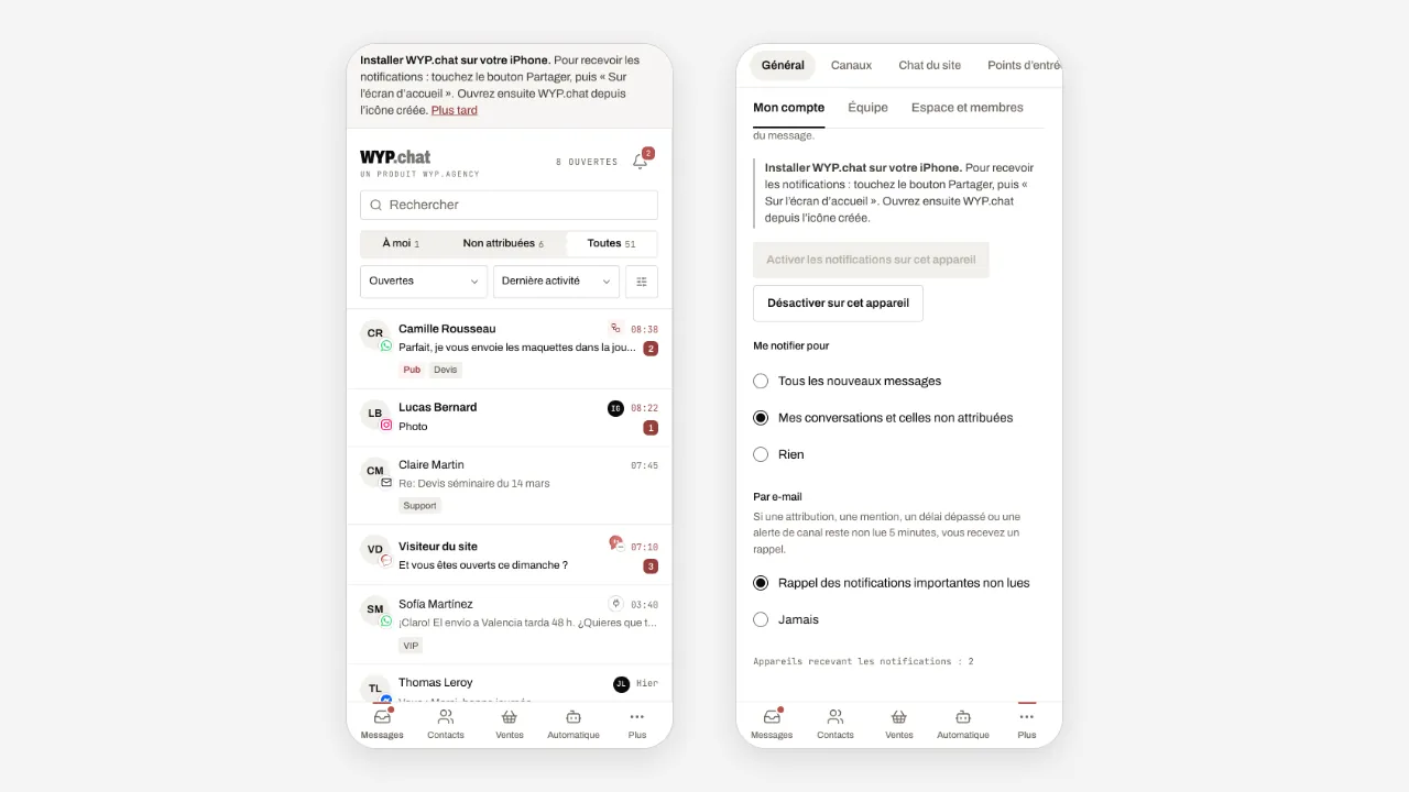 Sur iPhone, le bandeau « Installer WYP.chat sur votre iPhone » dans la boîte de réception, puis la section Notifications des réglages