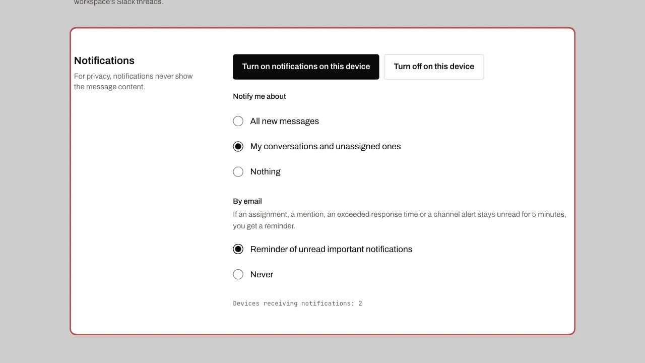 The Notifications section: the button to turn them on, the choice of messages and the email reminder