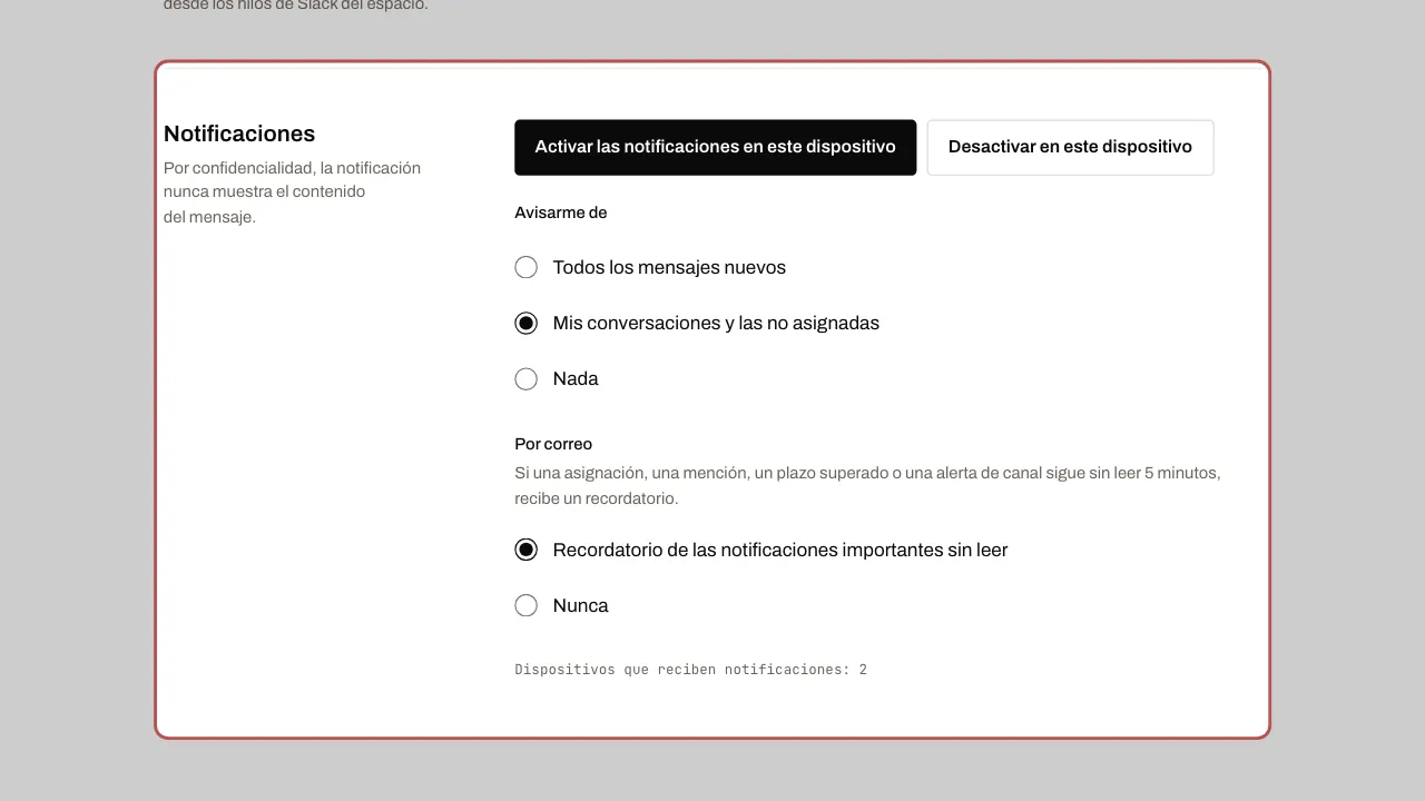 La sección Notificaciones: el botón de activación, la elección de los mensajes y el recordatorio por correo