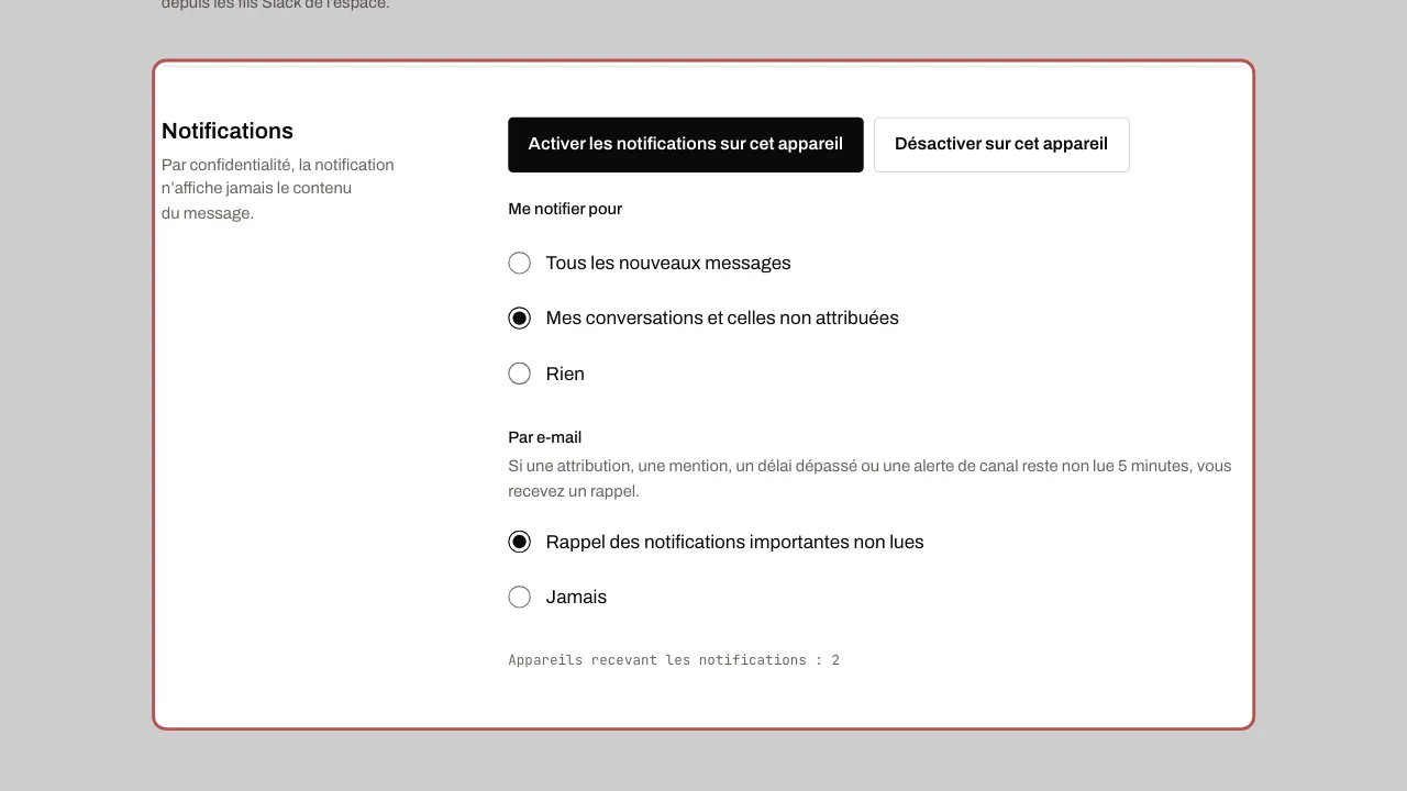 La section Notifications : le bouton d’activation, le choix des messages et le rappel par e-mail