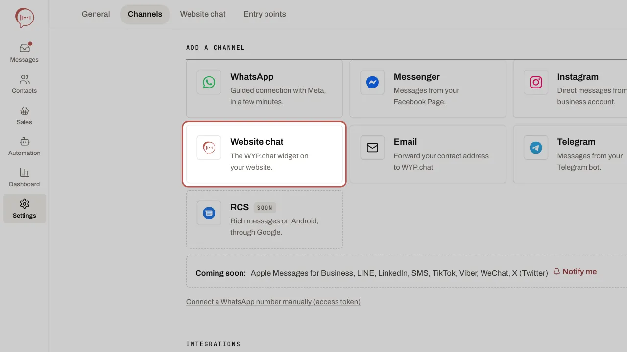 The Website chat card, under “Add a channel” on the Channels page