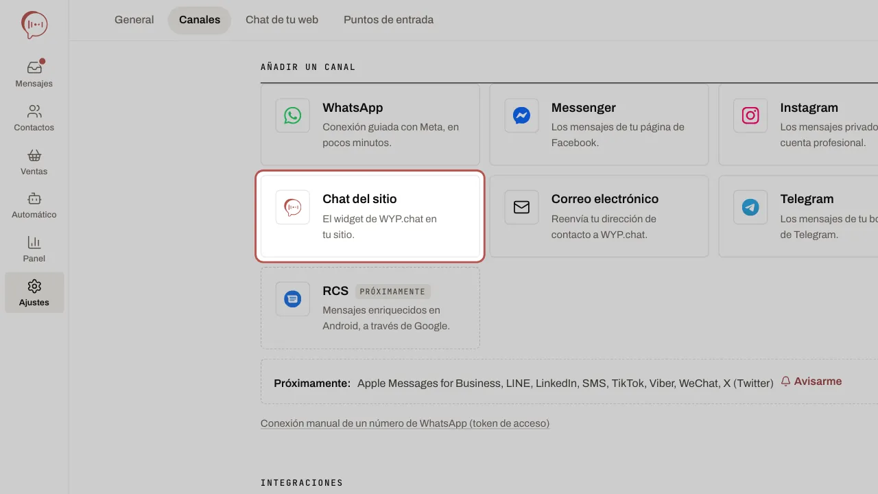 La tarjeta Chat del sitio, bajo «Añadir un canal» en la página Canales