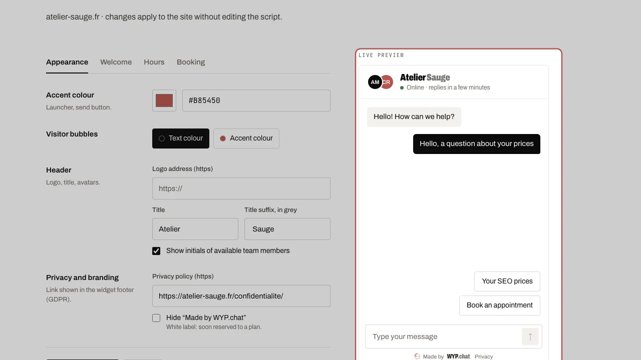 The settings on the left, the widget preview on the right