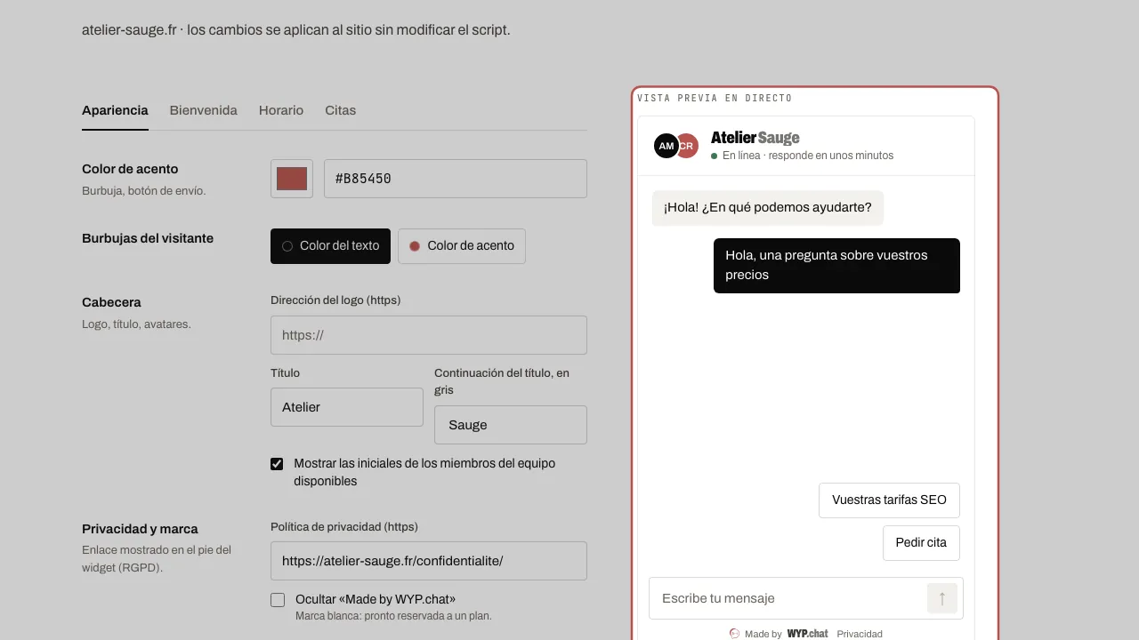 Los ajustes a la izquierda y la vista previa del widget a la derecha