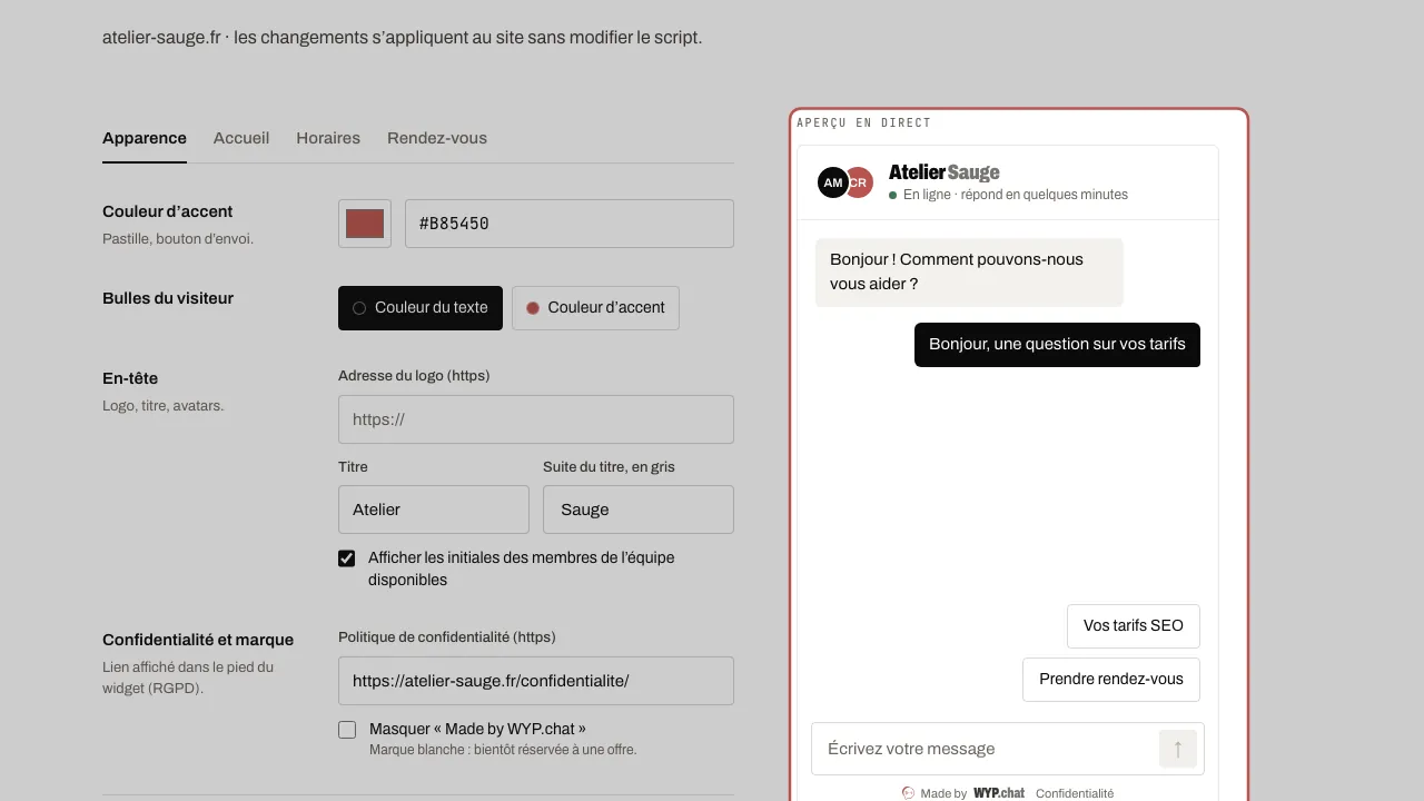 Les réglages à gauche, l’aperçu du widget à droite