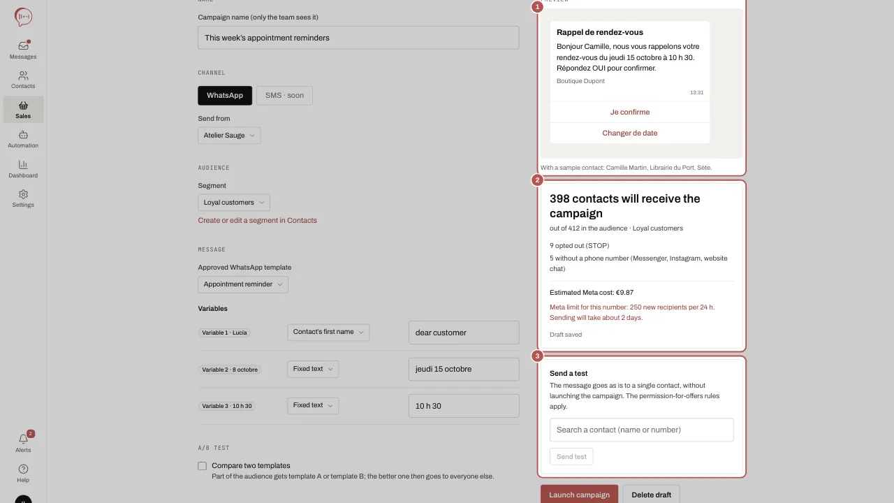 Preview, audience, cost and test send