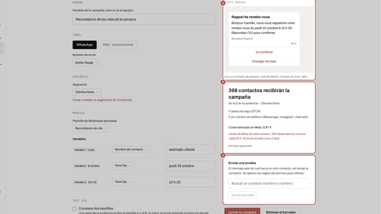 Vista previa, audiencia, coste y envío de prueba