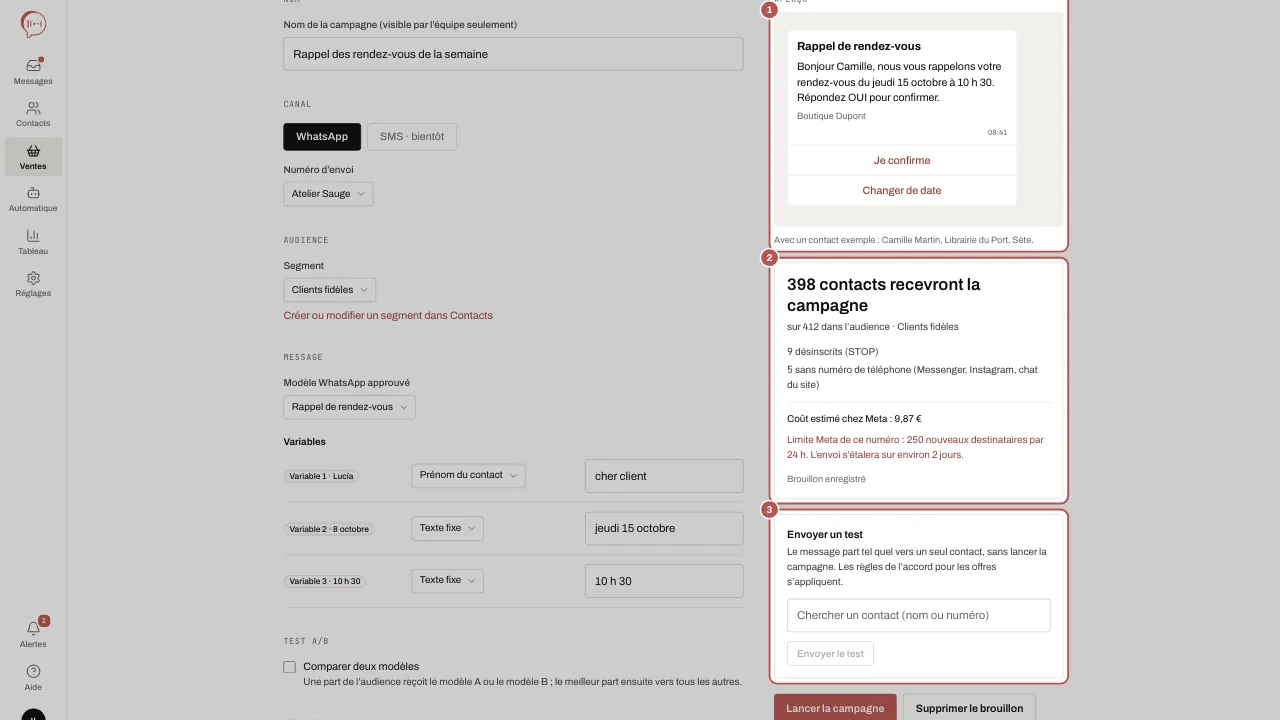 Aperçu, audience, coût et envoi de test