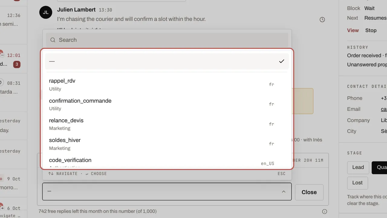 The list of approved templates, opened from the reply box