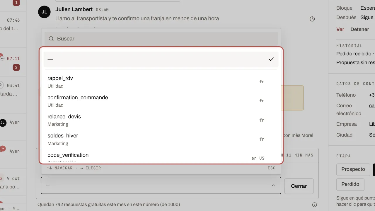 La lista de plantillas aprobadas, abierta desde la zona de respuesta