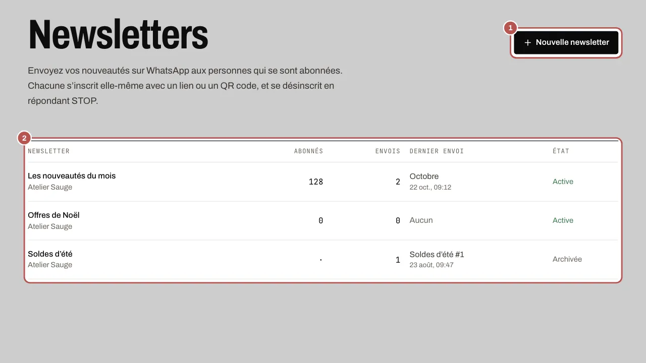 La liste des newsletters, avec le bouton Nouvelle newsletter