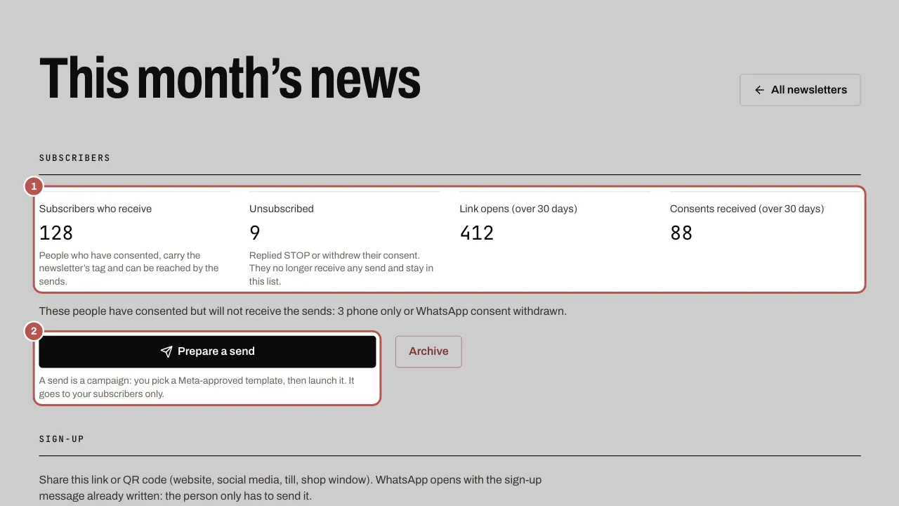 Subscriber figures and the Prepare a send button