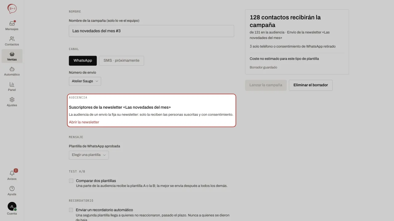 Un envío en borrador: la audiencia es la de los suscriptores de la newsletter