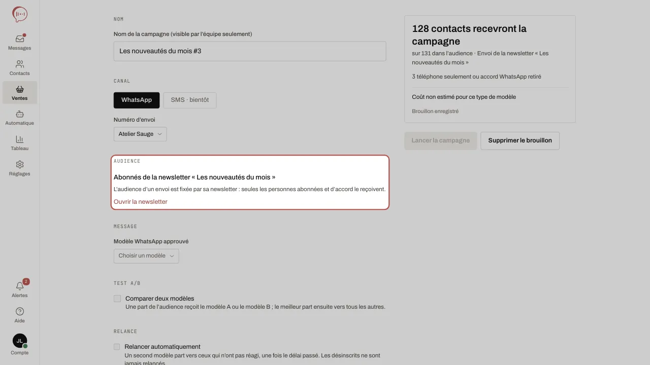 Un envoi en brouillon : l’audience est celle des abonnés de la newsletter