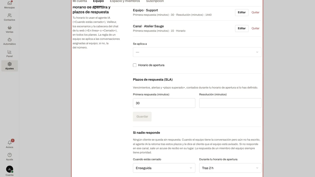 El horario de apertura y los plazos de respuesta de un equipo y de un número y, después, el bloque Si nadie responde: Cuando estás cerrado, Enseguida; Durante tu horario de apertura, Tras 2 h