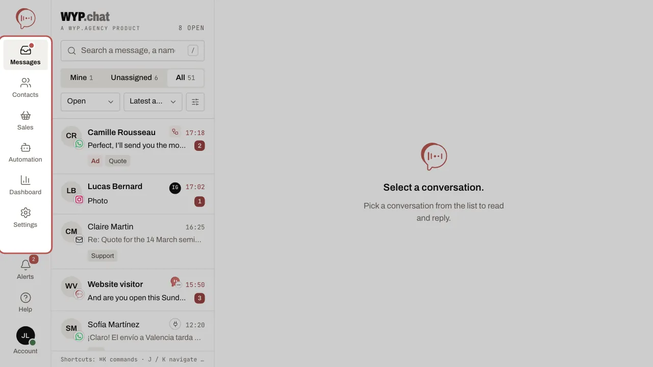 The menu on the left of the app: Messages, Contacts, Sales, Automation, Dashboard and Settings, then Alerts, Help and Account at the bottom