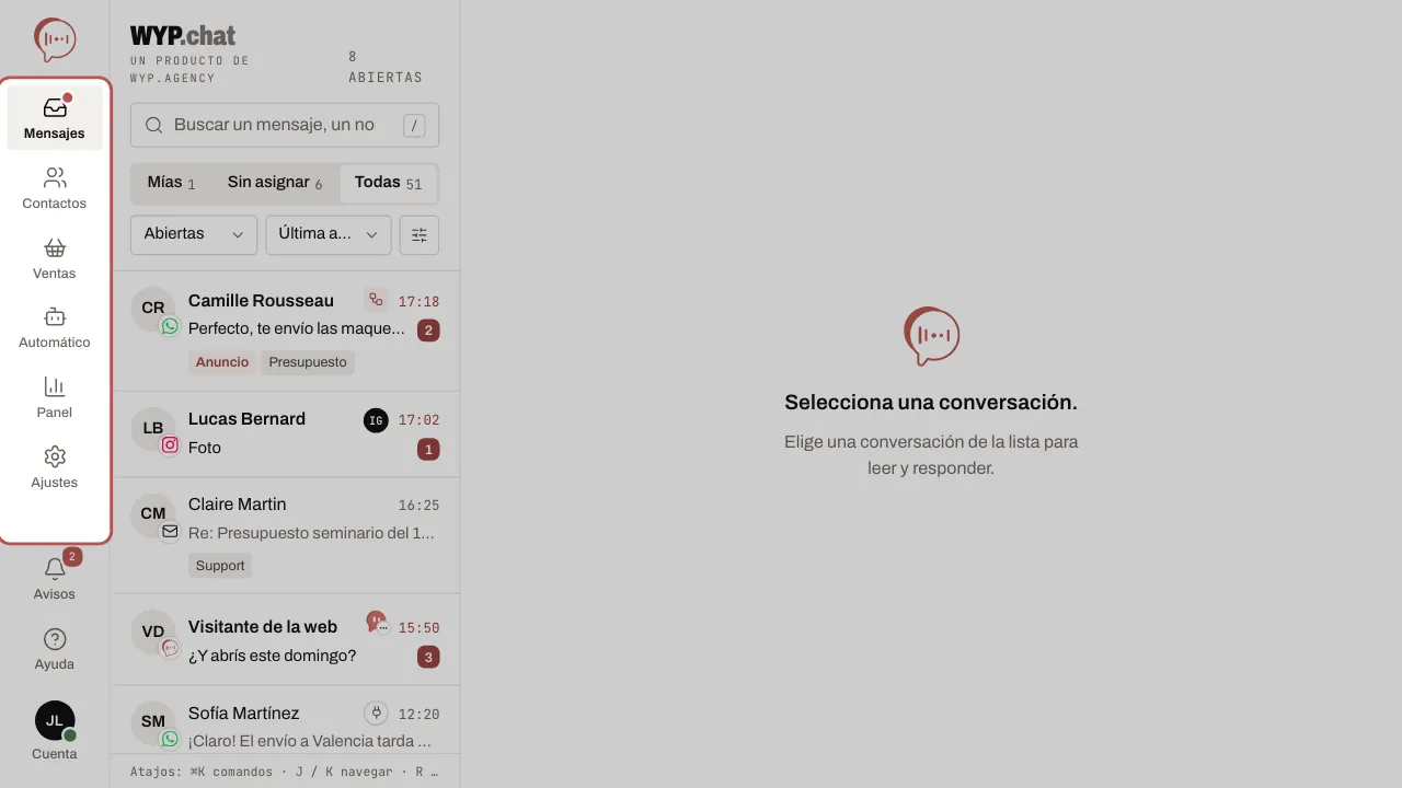 El menú de la izquierda de la aplicación: Mensajes, Contactos, Ventas, Automático, Panel y Ajustes, y abajo Avisos, Ayuda y Cuenta